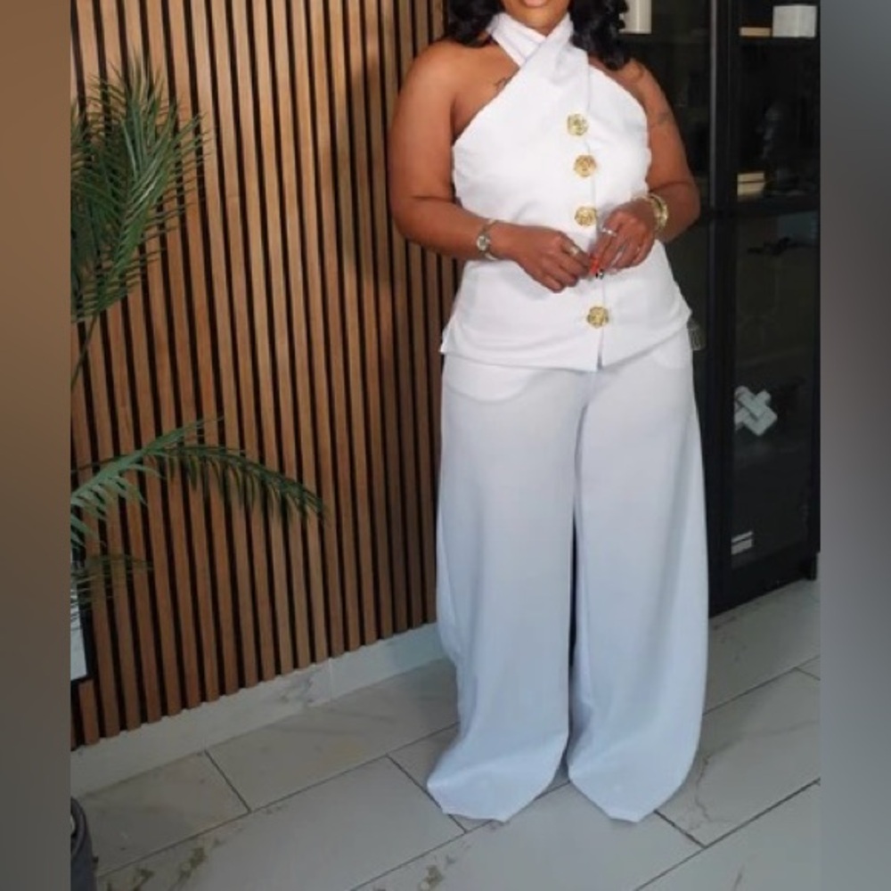 White w/Gold Buttons Halter Pant Set